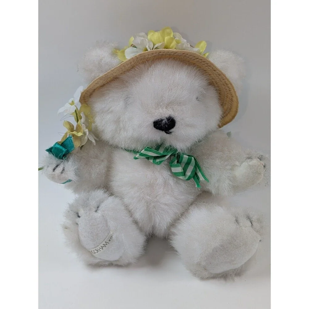 Gorham Aloysius April Plush Teddy Bear Straw Hat Flowers Collectible Easter